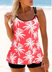 Metal Ring Coral Red Leaf Print Tankini Set