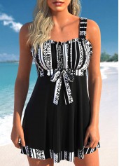 Frill Wide Strap Black Striped Swimdress Set