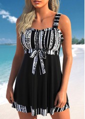 Black swimwear,Striped swimwear,Geometric swimwear,ROTITA Frill Wide Strap Black Striped Swimdress Top
