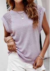 Light Purple tops,Plain Color tops,Lace Light Purple Round Neck T Shirt