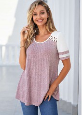 Purple tops,Plain Color tops,ROTITA Cut Out Purple Round Neck T Shirt