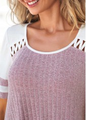 Purple tops,Plain Color tops,ROTITA Cut Out Purple Round Neck T Shirt