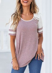 Purple tops,Plain Color tops,ROTITA Cut Out Purple Round Neck T Shirt