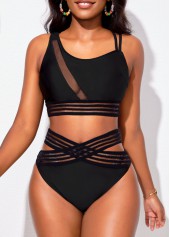 Black swimwear,Plain Color swimwear,ROTITA Asymmetry Mesh Stitching Black Bikini Top