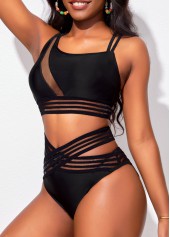 Asymmetry Mesh Stitching Black Bikini Set