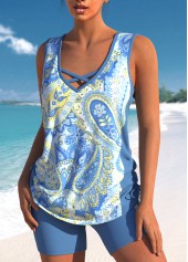 Dusty Blue swimwear,Paisley swimwear,Tribal swimwear,ROTITA Criss Cross Dusty Blue Paisley Print Tankini Top