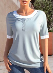 ROTITA Button Dusty Blue Round Neck T Shirt