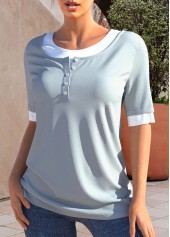 Dusty Blue tops,Contrast Color tops,ROTITA Button Dusty Blue Round Neck T Shirt