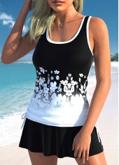 Black swimwear,White swimwear,Floral swimwear,Ombre swimwear,ROTITA Drawstring Black Floral Print Tankini Top