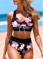 Pink swimwear,Black swimwear,Floral swimwear,ROTITA Bowknot Pink Floral Print Bikini Top