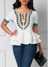 ROTITA Patchwork Tribal Print White Round Neck T Shirt