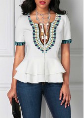 White tops,Tribal tops,Striped tops,ROTITA Patchwork Tribal Print White Round Neck T Shirt