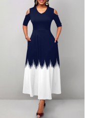 ROTITA Pocket Geometric Print Navy V Neck Maxi Dress
