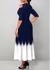 Navy dresses,White dresses,Geometric dresses,ROTITA Pocket Geometric Print Navy V Neck Maxi Dress