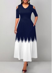 Navy dresses,White dresses,Geometric dresses,ROTITA Pocket Geometric Print Navy V Neck Maxi Dress