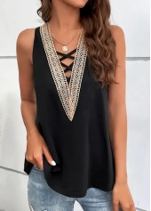 Black tops,Contrast Color tops,ROTITA Lace Up Black V Neck Tank Top