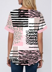 Pink tops,Geometric tops,Striped tops,Leopard tops,ROTITA Contrast Binding Geometric Print Pink Split Neck Blouse