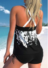 Black swimwear,White swimwear,Plants swimwear,ROTITA Criss Cross Black Leaf Print Tankini Top