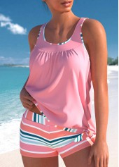 Pink swimwear,Striped swimwear,Geometric swimwear,ROTITA Bowknot Pink Multi Stripe Print Tankini Top