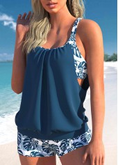 Peacock Blue swimwear,Plants swimwear,ROTITA Metal Ring Peacock Blue Tankini Top