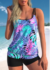 Multi Color Double Straps Leaf Print Tankini Set