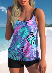 Multi Color swimwear,Plants swimwear,ROTITA Multi Color Double Straps Leaf Print Tankini Top