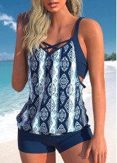 Navy swimwear,Tribal swimwear,Striped swimwear,ROTITA Criss Cross Navy Tribal Print Tankini Top