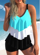 Layered Handkerchief Hem Cyan Tankini Set