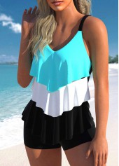 Cyan swimwear,Black swimwear,Contrast Color swimwear,ROTITA Layered Handkerchief Hem Cyan Tankini Top