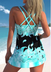 Cyan swimwear,Black swimwear,Paisley swimwear,ROTITA Metal Ring Cyan Paisley Print Swimdress Top