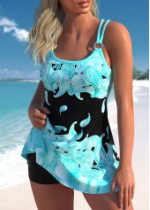 Cyan swimwear,Black swimwear,Paisley swimwear,ROTITA Metal Ring Cyan Paisley Print Swimdress Top