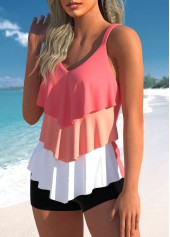 Coral swimwear,Contrast Color swimwear,ROTITA Layered Handkerchief Hem Coral Red Tankini Top