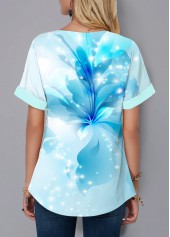 Blue tops,Floral tops,Ombre tops,ROTITA Floral Print Blue Split Neck Short Sleeve Blouse