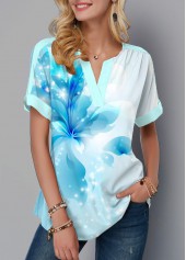 ROTITA Floral Print Blue Split Neck Short Sleeve Blouse
