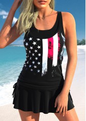 Ruched Black American Flag Print Tankini Set