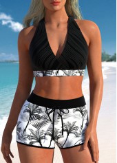 Criss Cross Black Leaf Print Bikini Set