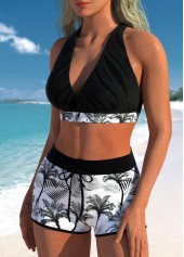 Black swimwear,Plants swimwear,ROTITA Criss Cross Black Leaf Print Bikini Top