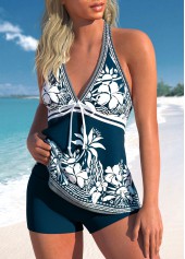 Navy swimwear,Tribal swimwear,ROTITA Bowknot Navy Tribal Print Tankini Top