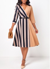 ROTITA V Neck 3/4 Sleeve Striped Light Coffee Belted Dress