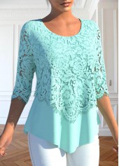 Mint Green tops,Plain Color tops,ROTITA Lace Mint Green Round Neck Blouse