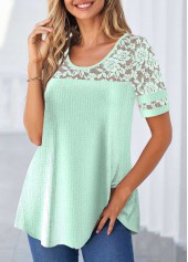 Mint Green tops,Plain Color tops,ROTITA Lace Mint Green Round Neck T Shirt