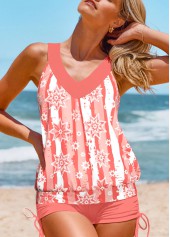 Coral swimwear,Geometric swimwear,Floral swimwear,Striped swimwear,ROTITA Patchwork Coral Geometric Print Tankini Top