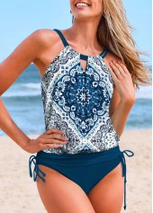 Peacock Blue swimwear,Tribal swimwear,ROTITA Drawstring Peacock Blue Tribal Print Tankini Top