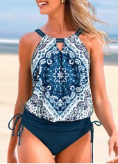 Drawstring Peacock Blue Tribal Print Tankini Set