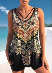 Rotita-Tankini-Oberteil mit Metallring und schwarzem Tribal-Print-Kein Boden