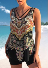 Rotita-Tankini-Oberteil mit Metallring und schwarzem Tribal-Print-Kein Boden