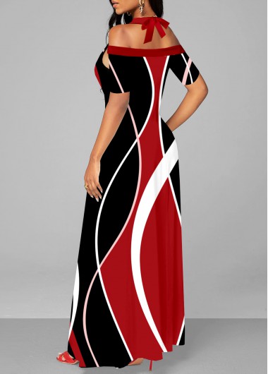 Red dresses,Geometric dresses,ROTITA Strappy Cold Shoulder Red Printed Maxi Dress