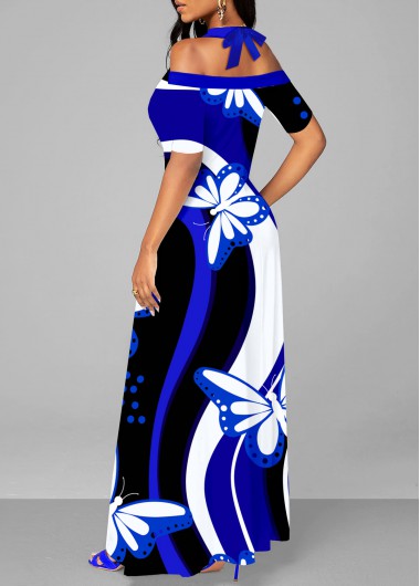 Royal Blue dresses,Animal Print dresses,ROTITA Double Side Pockets Butterfly Print Royal Blue Dress