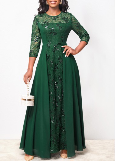 Blackish Green dresses,Plain Color dresses,ROTITA Lace Sequin Blackish Green Round Neck Maxi Dress