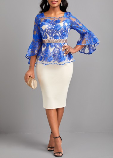 Beige dresses,Contrast Color dresses,ROTITA Embroidery White Square Neck Bodycon Dress